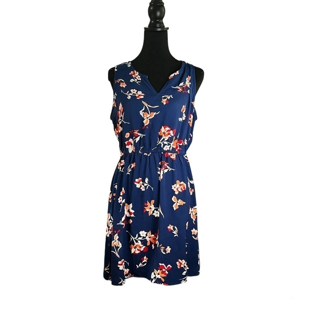 41 Hawthorn Trisha Blue Split Neck Sleeveless Midi Dress, Size Large Petite